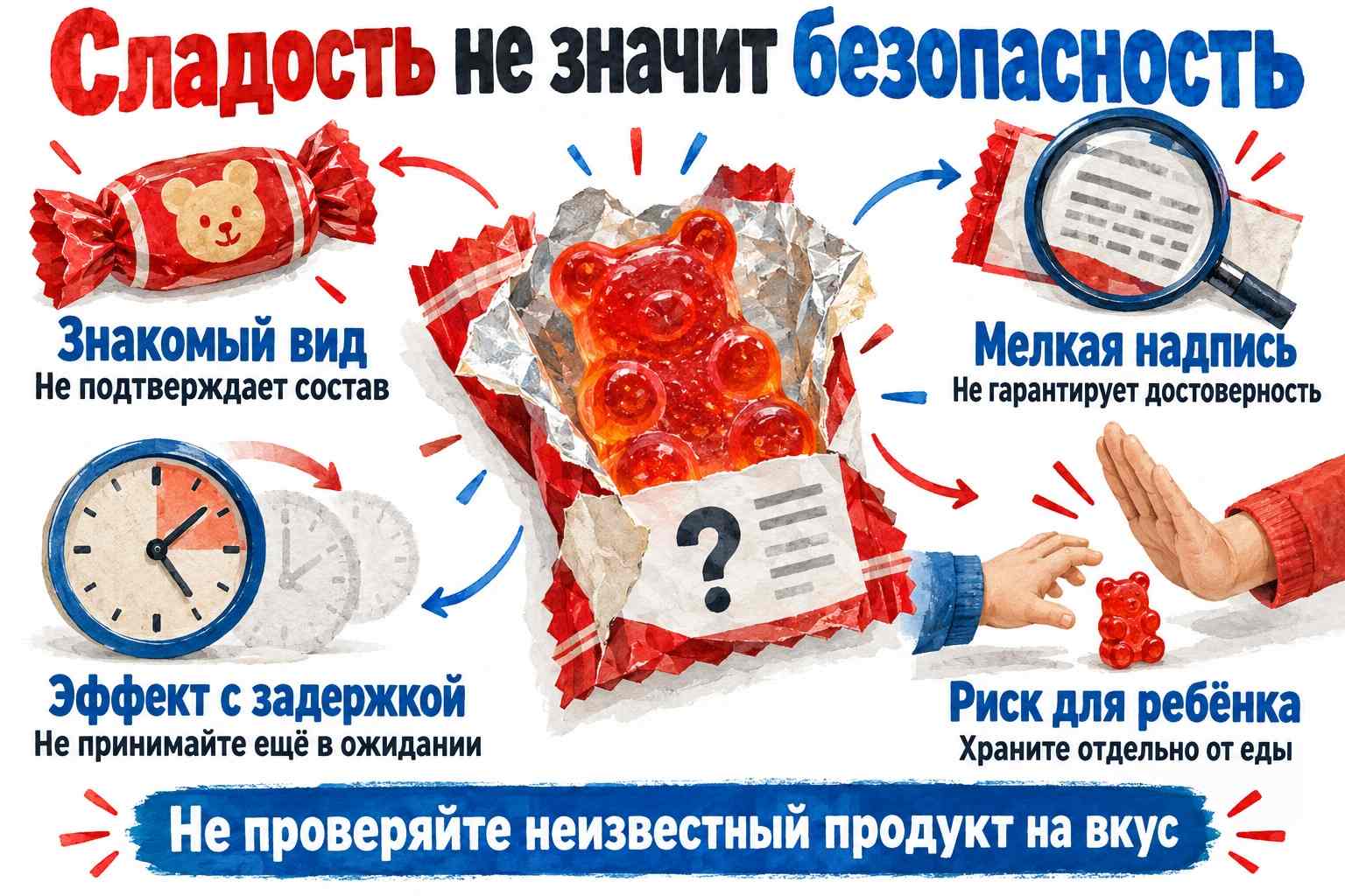 Почему сладость не гарантирует безопасность Иллюстрированная инфографика о рисках неизвестных психоактивных сладостей