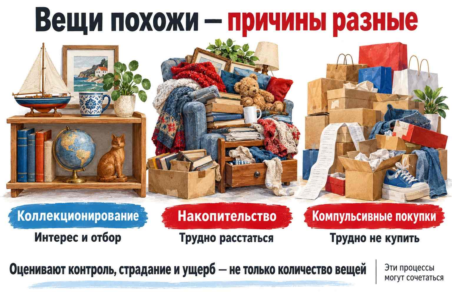 Различия коллекционирования, накопительства и компульсивных покупок