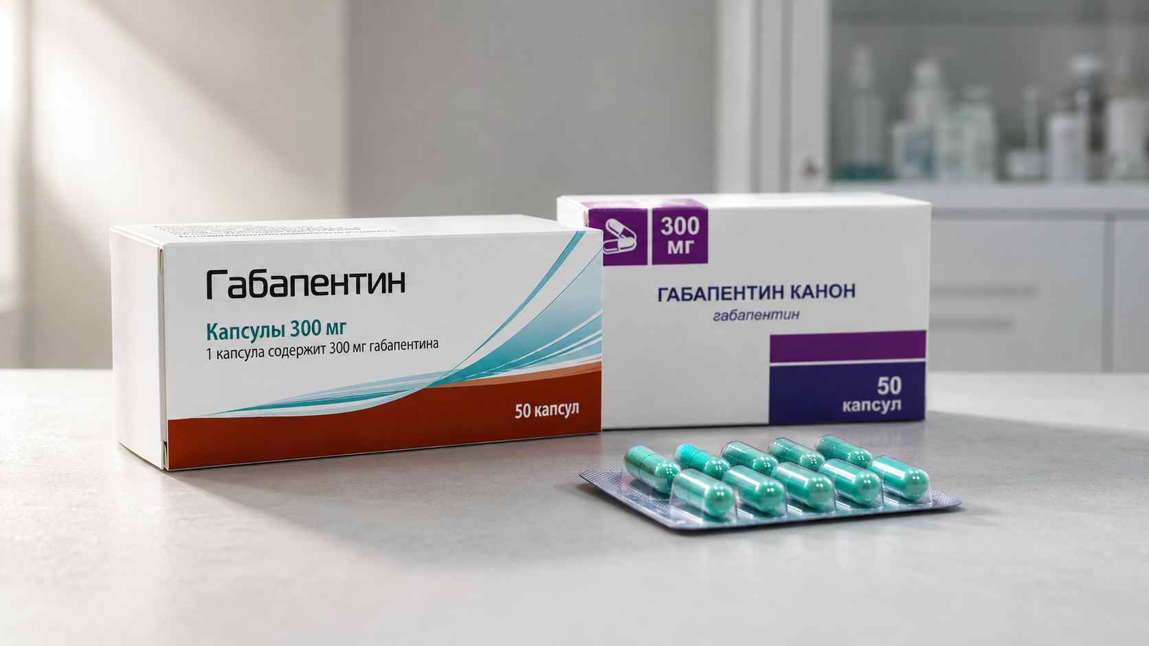 Габапентин в упаковке и блистер с капсулами на медицинском столе