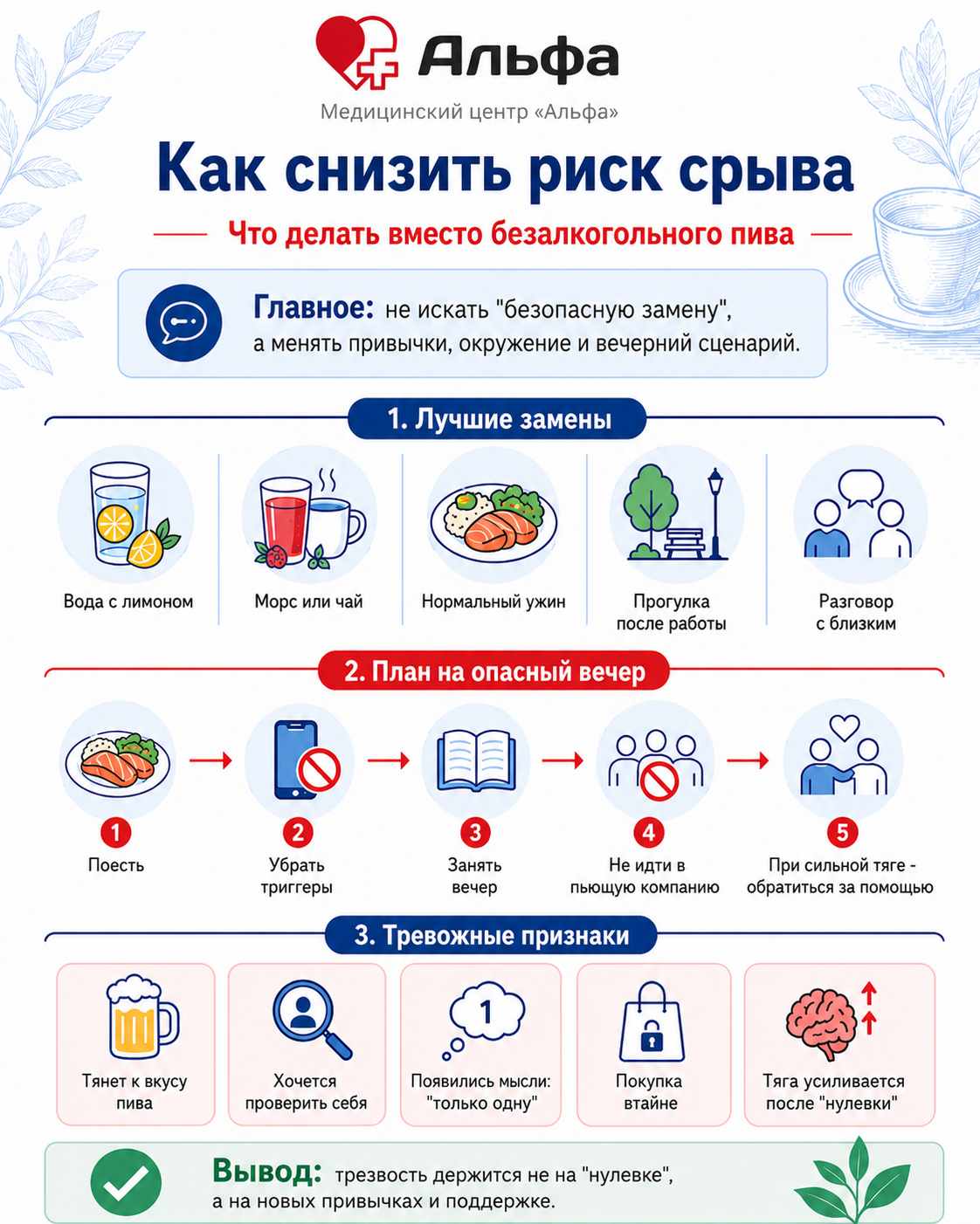 Инфографика с рекомендациями, как снизить риск срыва при алкоголизме без безалкогольного пива