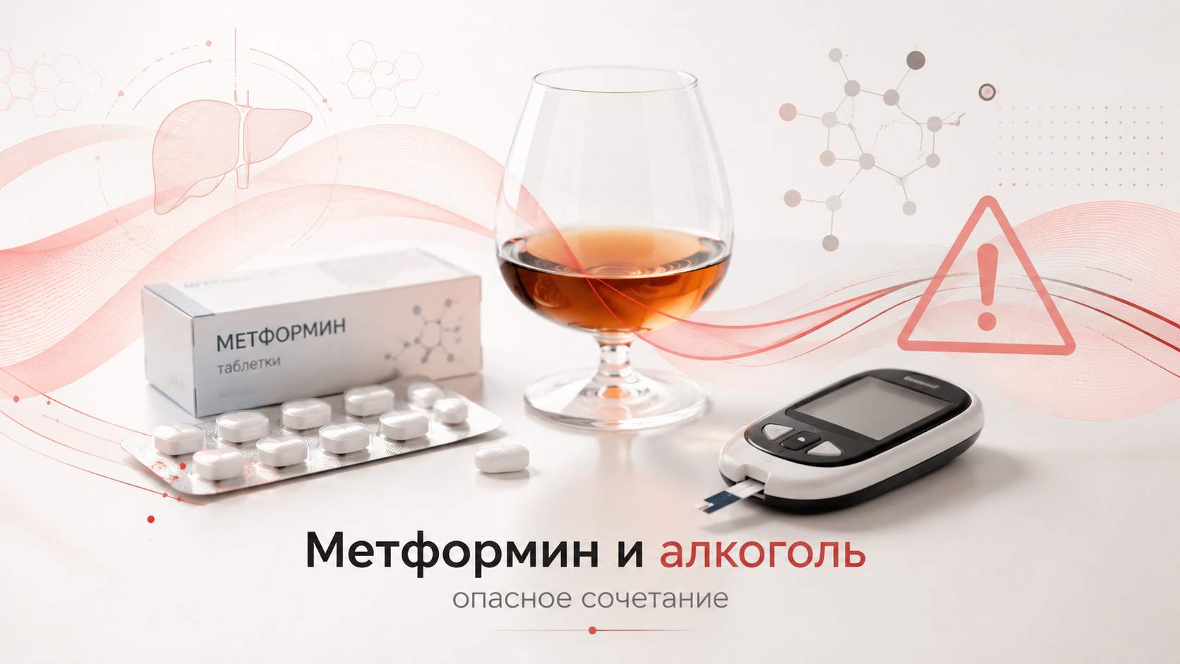 Метформин, алкоголь и глюкометр на светлом медицинском фоне с предупреждающей графикой о рисках для диабетика.