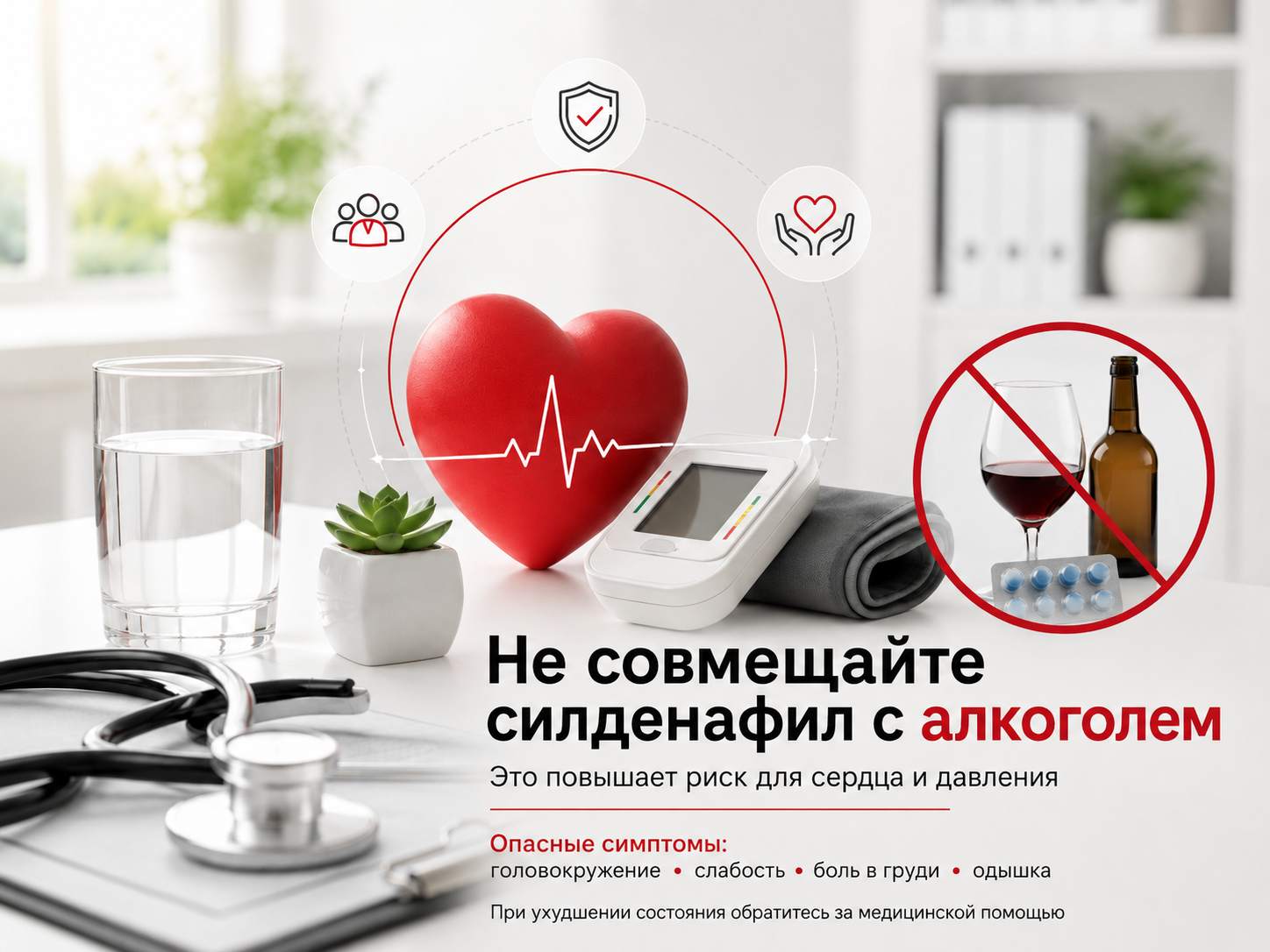 Медицинская иллюстрация с предупреждением не совмещать силденафил с алкоголем из-за риска для сердца и давления