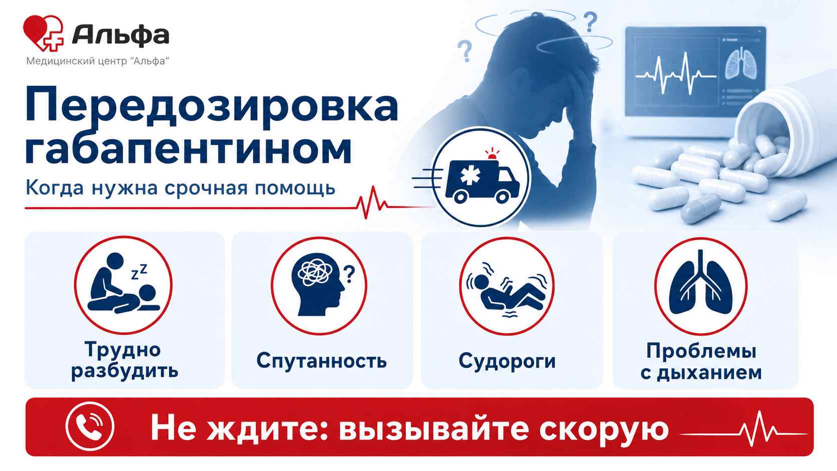 Инфографика о признаках передозировки габапентином и необходимости срочной медицинской помощи