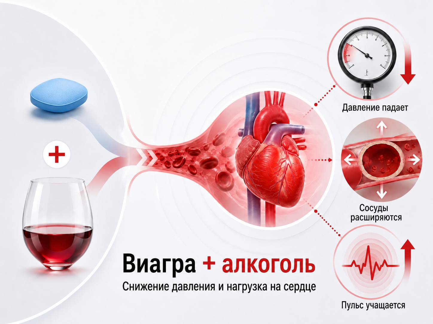 Инфографика о сочетании Виагры и алкоголя: падение давления, расширение сосудов и учащение пульса