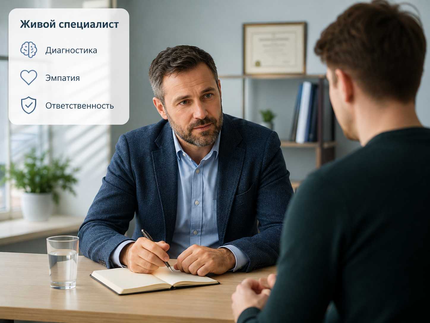 Очная консультация пациента со специалистом: живой врач помогает с диагностикой, эмпатией и поддержкой